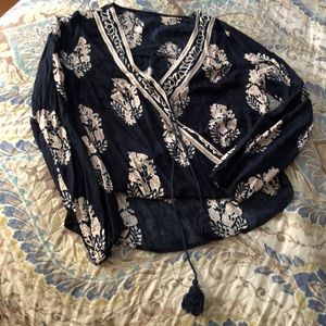 Blue and cream cross front blouse